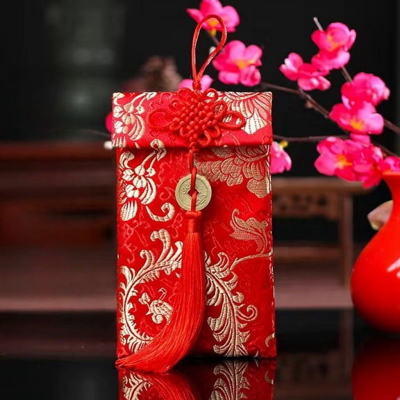 Chinese New Year Silk Red Envelopes, Lucky Money Red Packet, Lucky Coin Hongbao Card Envelopes Gift Wrap, for Spring Festival Birthday Wedding, 1PC