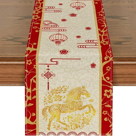 Chinese New Year Table Runner 2026 - 13.8x71 Inch Year of The Horse Table Decorations Lunar New Year Spring Festival Kitchen Dining Decor for Holiday Party, Indoor Outdoor Home Decorations