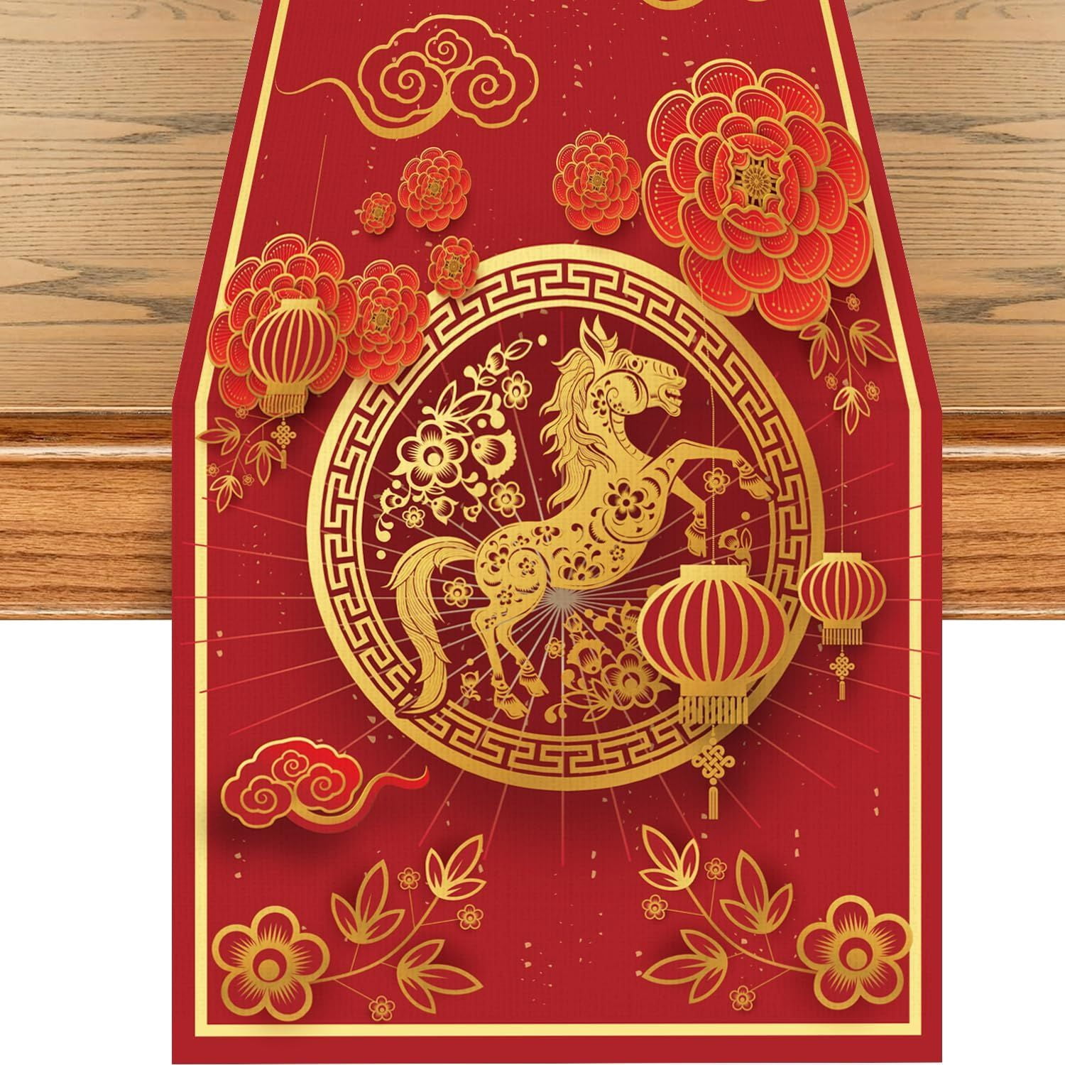 Gold Accessories For Home Decor 2026.Chinese New Year Table Runner, 2026 Horse Theme Red Gold Linen Table ...