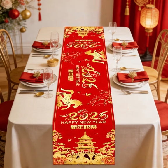 Chinese New Year Table Runner, 2026 Lunar New Year Zodiac Horse Table Cloth 71" x 13.8", Polyester Spring Festival Table Decoration for Asian New Year Dinner Party Supplies