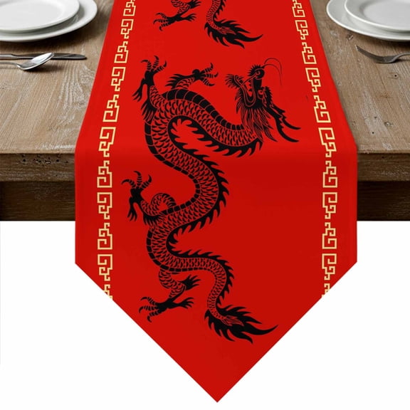 Chinese New Year Table Runner Linen Burlap Table Runner 108 Inches Long Black Dragon Traditional Oriental Red Dresser Scarves for Kitchen Island Coffee Dining Room Party Holiday Decor 13"x108"
