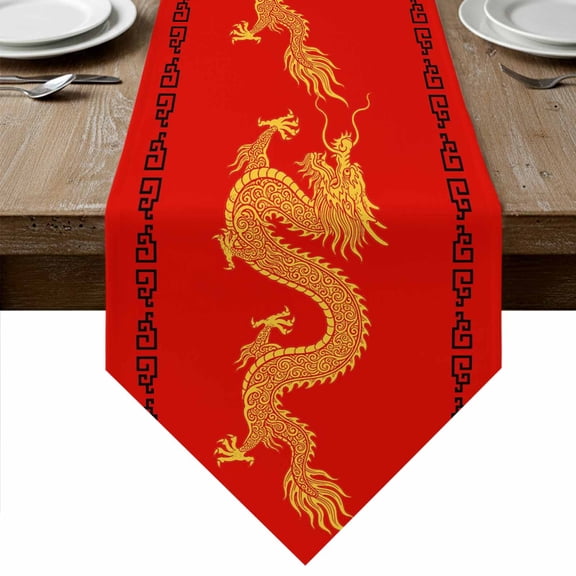 Chinese New Year Table Runner Linen Burlap Table Runner 48 Inches Long Yellow Dragon Traditional Art Red Dresser Scarves for Kitchen Island Coffee Dining Room Party Wedding Holiday Decor 13"x48"