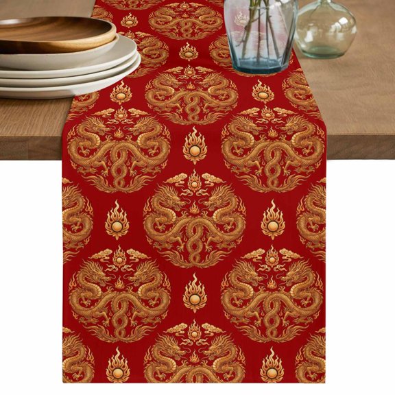Chinese New Year Table Runner, Yellow Dragon Traditional Vintage Red Washable Cotton Linen Table Runners 36 Inches Long, Dresser Scarf Runner for Nightstand/End Tables/Round Tables 13''x36''