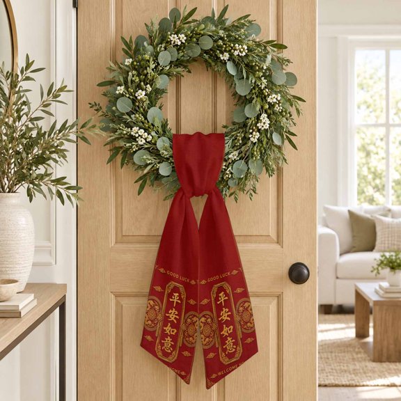 Chinese New Year Wreath Sash, Welcome Home Good Luck Red Gold Dragon Clouds Decorative Ribbon Wreath Sash for Front Door, Porch Indoor Holiday Decor