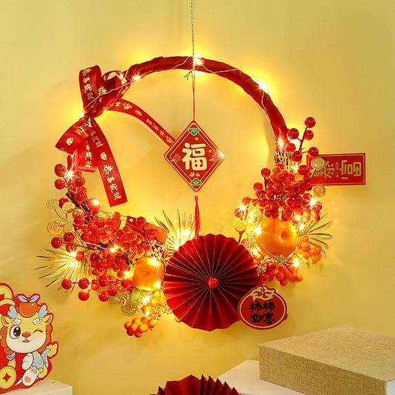 Chinese New Year Wreath Wreath Front Door 2024 Wreath Wall Festival Outdoor Fireplace LED Red Berry Home Decoration Wreath For New Year And Spring Festival - B,15.74inch