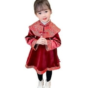 Chinese New Year girl Hanfu long sleeved dress with plush baby 1-year-old qipao formal dress