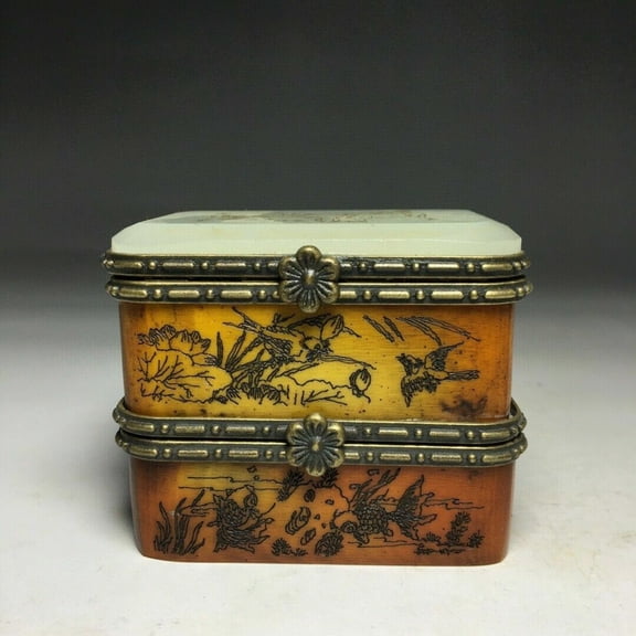Chinese Old Cow Inlaid Jade Lotus Flower and Bird Three-open Jewelry Box -
