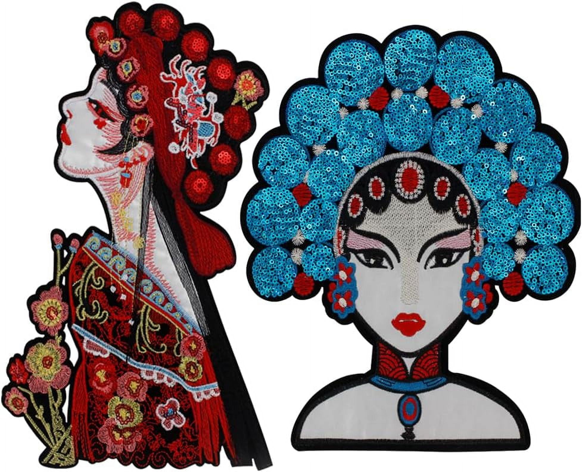 Chinese Opera Embroidered Patches Sequin Peking Opera Sew on Patch Traditional Drama HuaDan Custom Applique DIY Decor Fabric Badge