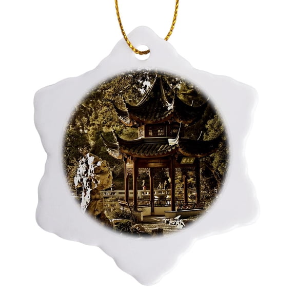 3drose, Chinese Pagoda Garden, 3 inch Snowflake Porcelain Ornament