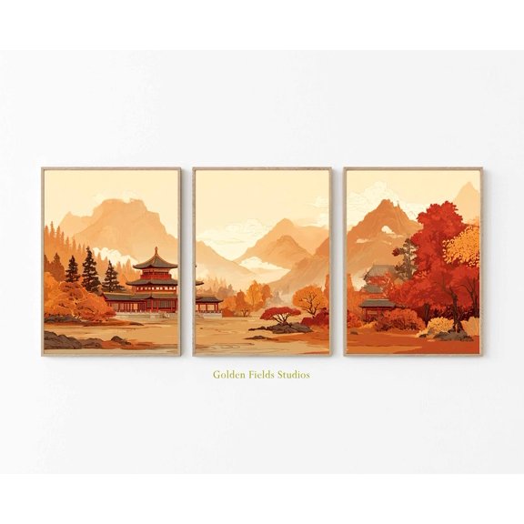 Chinese Pagoda Triptych Warm Red Asian Landscape Set 3 Unframed Paper Print