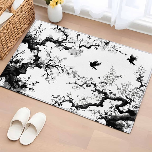 Chinese Painting 2'x3' Washable Rug, Traditional Culture Cool Bird Tree Branch Non-Slip Soft Doormat Area Rugs for Entrance Bathroom Bedsides, Carpet for Kitchen Bedroom, Entryway Floor Mat