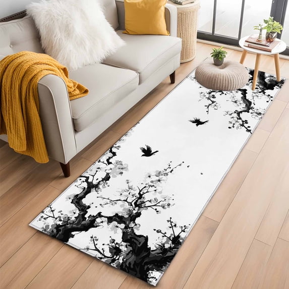 Chinese Painting 2'x6' Runner Rugs for Hallway Kitchen Bedside Non Slip, Traditional Culture Cool Bird Tree Branch Entryway Rug Runners with Rubber Backing, Long Carpet Runner for Laundry Room