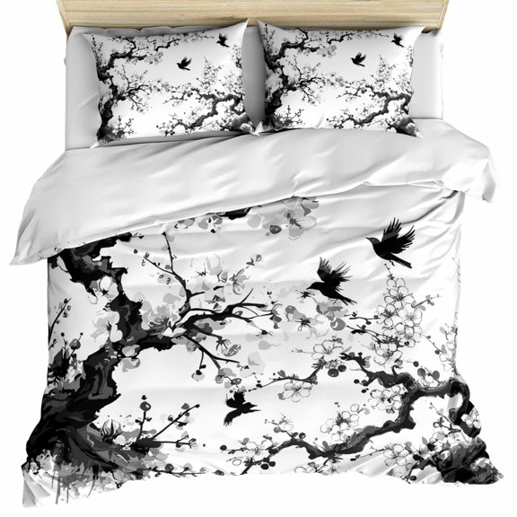 Chinese Painting Bedding 3 Piece Duvet Cover Set Queen Size, Traditional Culture Cool Bird Tree Branch Microfiber Comforter Cover with Zipper Closure & Pillowcases, FadeResistant Quilt Cover