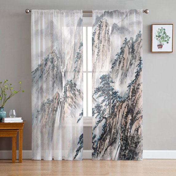 Chinese Painting Forest Flowers Mountain Tulle Curtains for Bedroom Modern Voile Curtains Home ration Window Curtains