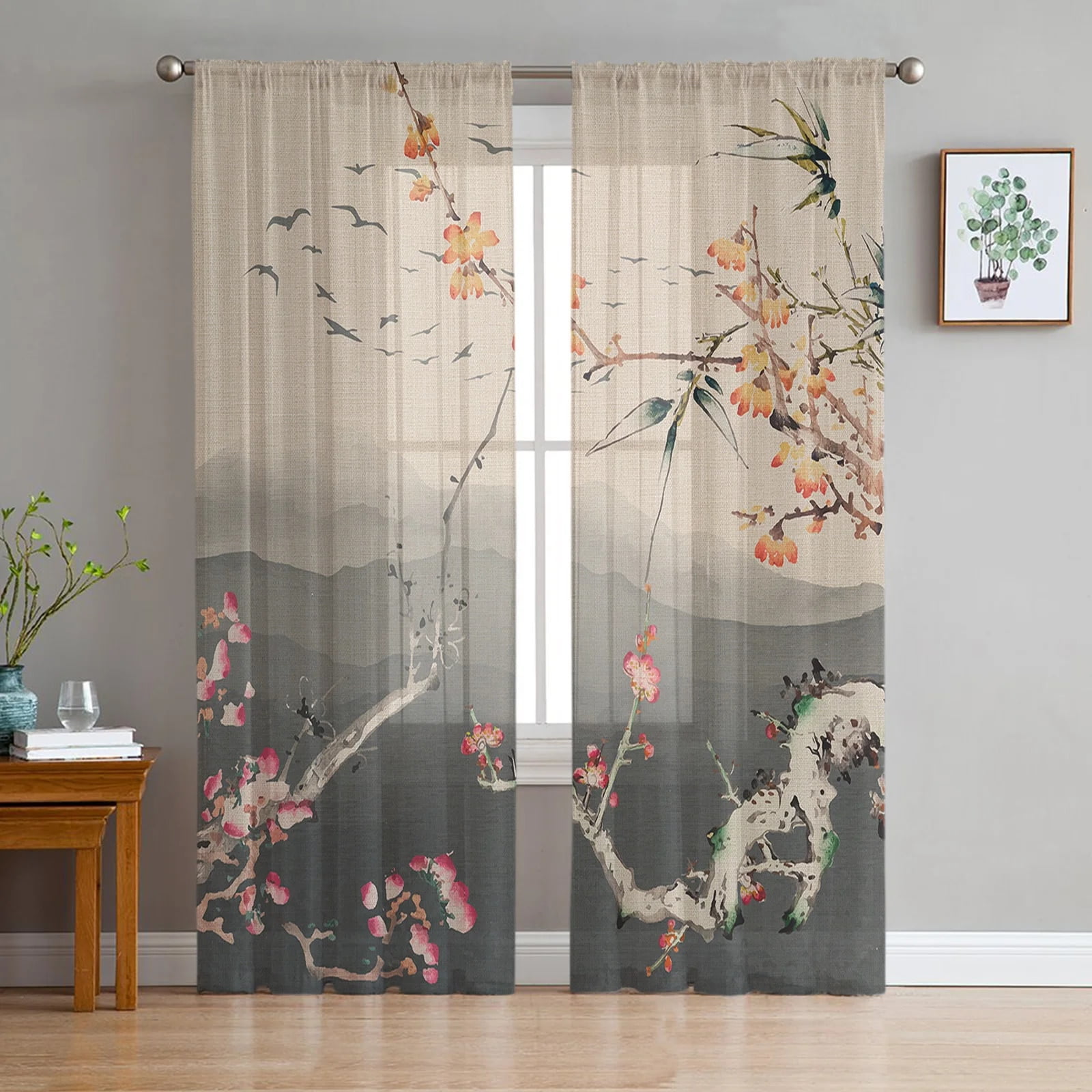 Chinese Painting Plum Blossom Landscape Sheer Curtains for Living Room Chinese Painting Plum Blossom Landscape Sheer Curtains for Living Room