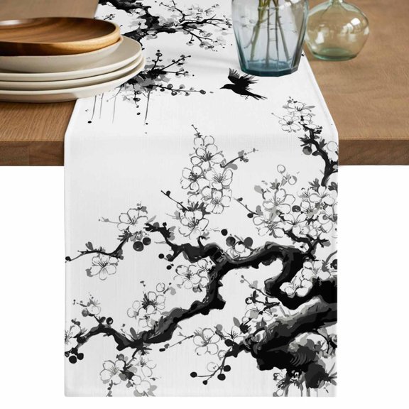Chinese Painting Table Runner, Traditional Culture Cool Bird Tree Branch Washable Cotton Linen Table Runners 36 Inches Long, Dresser Scarf Runner for Nightstand/End Tables/Round Tables 13''x36''