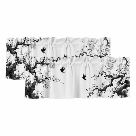 Chinese Painting Valances for Windows, Traditional Culture Cool Bird Tree Branch Light Filtering Kitchen Curtains, Rod Pocket Window Valance Curtains for Living Room Bedroom, 42" W x 12" L, 2 Panels