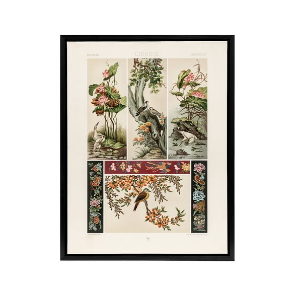 Chinese Patterns of Birds and Flowers Racinet Framed Canvas Wall Art 24X32"