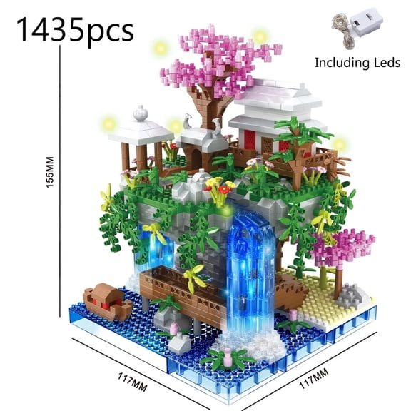 Chinese Peach Blossom Pool Micro Building Block Set, ABS Plastic Traditional Architecture Model with LED Lights, Decor Display Kit for Teens & Adults