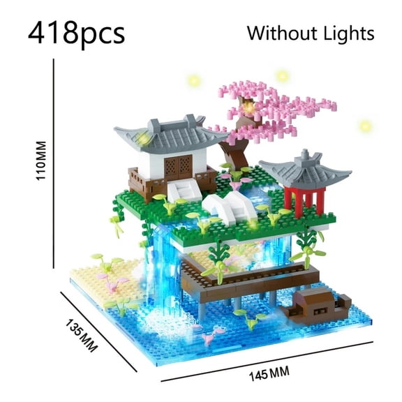 Chinese Peach Blossom Pool Micro Building Block Set, ABS Plastic Traditional Architecture Model with LED Lights, Decor Display Kit for Teens & Adults