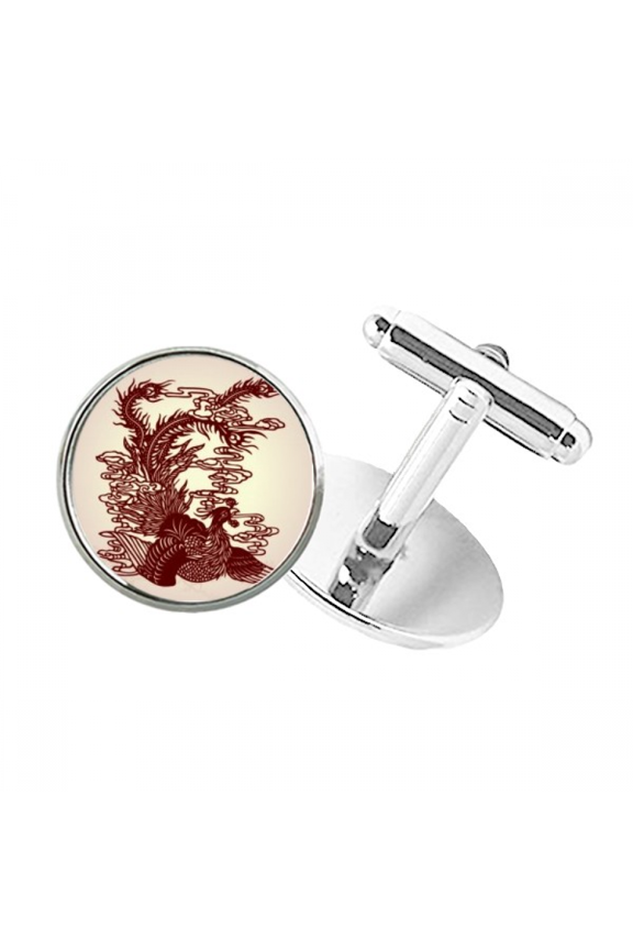 Chinese Phoenix Bird Animal Portrait Round Button Cuff Clip Stud Cufflinks
