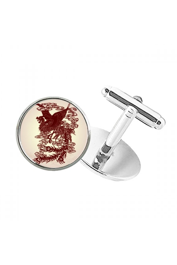 Chinese Phoenix Bird Animal Portrait Round Button Cuff Clip Stud Cufflinks