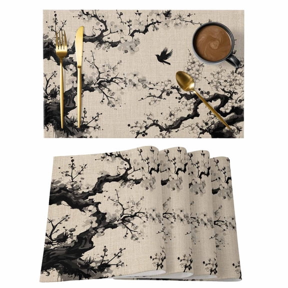 Chinese Placemats Set of 6 Black White Tree Flowers Traditional Ink Painting Place Mats Indoor Wipeable Table Mats Washable Dining Table Placemats for Kitchen Holiday Party Home Decor 13x19 Inch