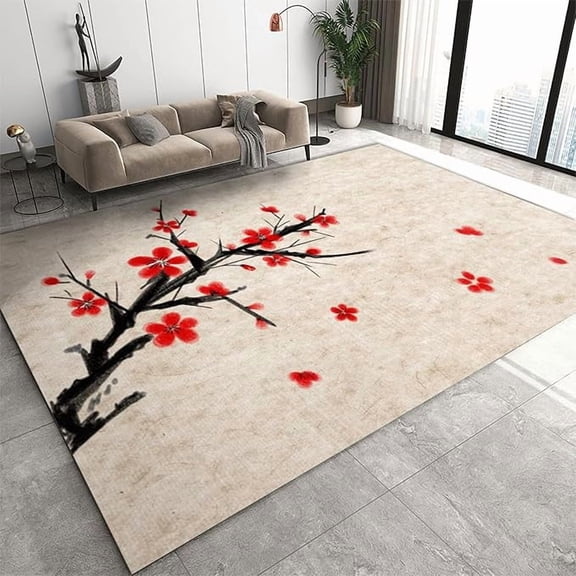 Chinese Plum Blossom Area Rug, Minimalist Art Indoor Non Slip Print Rugs, Machine Washable Carpet for Sofa Table Under Living Room Bedroom Home Decor Floor Mat 2 x 3ft