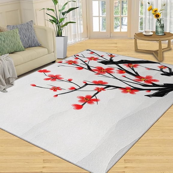 Chinese Plum Blossom Area Rug, Simple White Background Indoor Non Slip Large Area Rugs, Machine Washable Carpet for Living Room Bedroom Dining Room Farmhouse Decor Floor Mat 2 x 3ft
