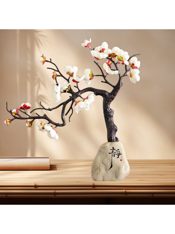 Chinese Plum Blossom Desktop Ornament, Usupdd Resin Home Decor Handicraft, 11.42x11.02x1.57 Inch Wintersweet Decoration for Living Room Study Wine Cabinet Bedroom, White