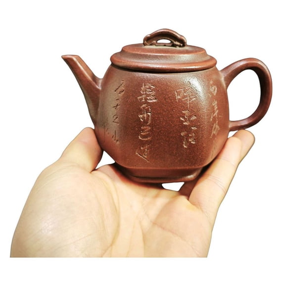 Chinese Purple Clay Pot Ceramic Kettle Set Artisan Carved Crafted Calligraphy Landscape Carving Hexagonal Six Sided Shape Design