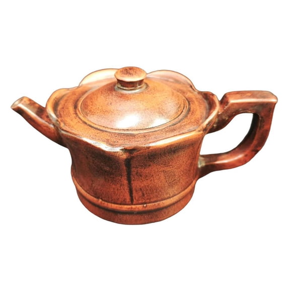 Chinese Purple Clay Pot Ceramic Kettle Set Carved Artisan Crafted Intricate Detailing Smooth Finish Bamboo Texture Petal Shaped