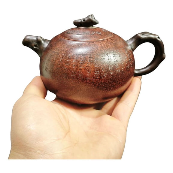 Chinese Purple Clay Pot Ceramic Kettle Set Lotus Seed Pod Engraved Etched Incised Artisan Scripture Branch Finial Grip Spout