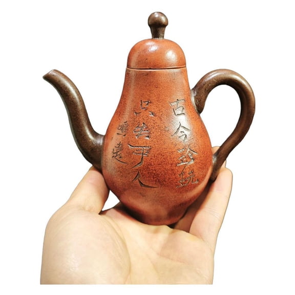 Chinese Purple Clay Pot Ceramic Kettle Set Pear Shape Silhouette Contour Shaped Calligraphy Engraving Blossom Bird Motif Gift