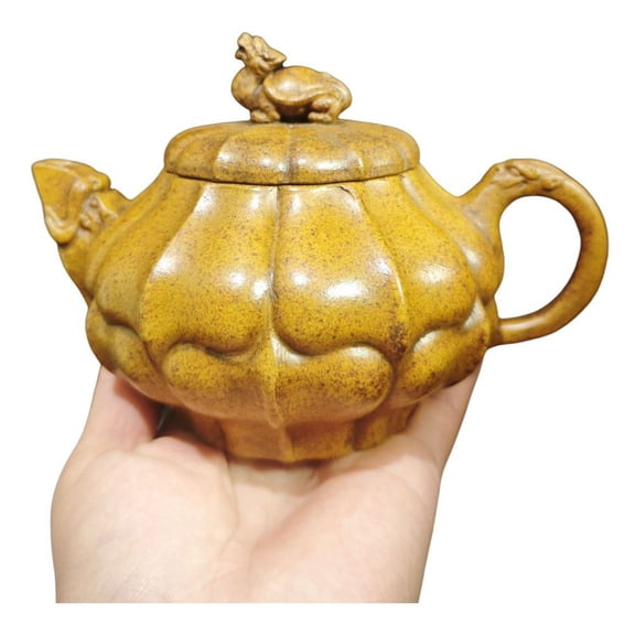 Chinese Purple Clay Pot Ceramic Kettle Set Ribbed Fluted Ridged Grooved Lotus Turtle Dragon Mythical Guardian Speckled Rounded