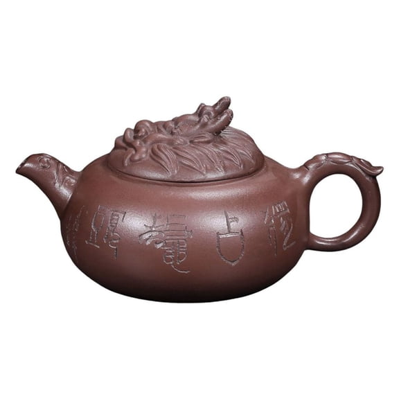 Chinese Purple Clay Pot Ceramic Kettle Set Sculpted Dragon Relief Engraved Calligraphy Circular Rounded Curved Smooth Bas