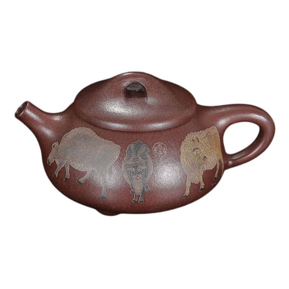 Chinese Purple Clay Pot Ceramic Kettle Set Zisha Teapot Sculpture Figurine Shi Piao Form Shape Three Legged Vessel Tripod Ox