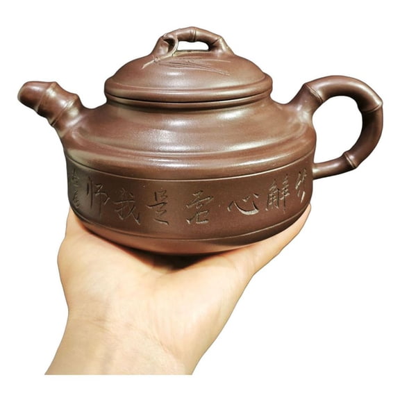 Chinese Purple Clay Pot Collectible Asian Puer Pottery Handcrafted Artisan Bamboo Carved Engraved Etched Decorative Pattern