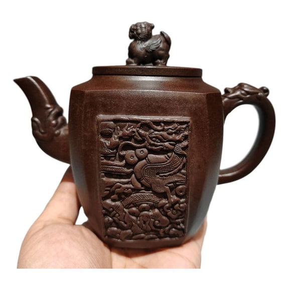 Chinese Purple Clay Pot Decor Carving Nice Dragon Square Mythical Beast Handmade Artisan Traditional Ornate Textured Embossed