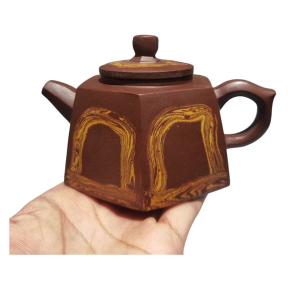 Chinese Purple Clay Pot Decor Carving Nice Hexagonal Marbled Textured Angular Veined Swirled Symmetrical Geometric Patterned