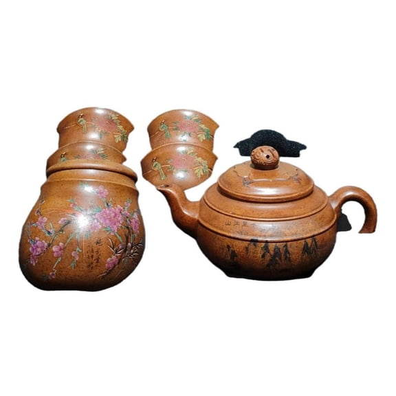 Chinese Purple Clay Pot Decor Carving Nice Painted Landscape Motif Bird Flower Pattern Scenic Mountain River Vintage Antique