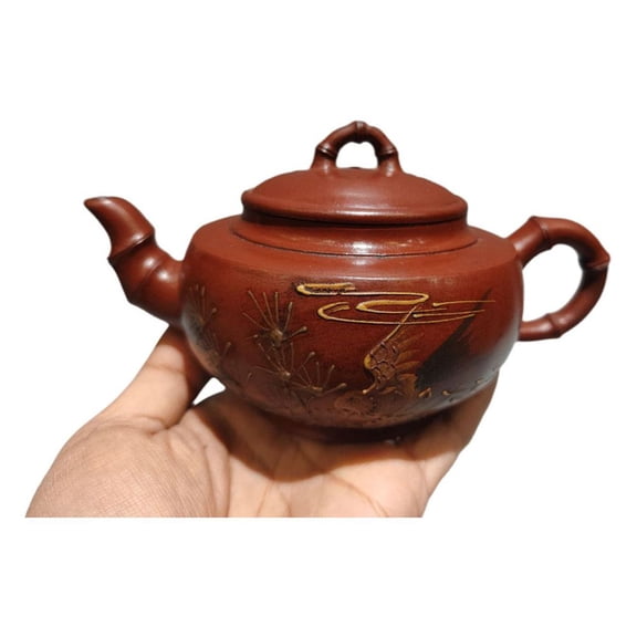 Chinese Purple Clay Pot Decor Carving Nice Painting Gilded Calligraphy Detail Crane Pine Motif Bamboo Segment Joint Round Form