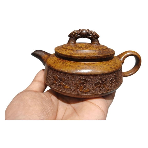 Chinese Purple Clay Pot Decorative Fashion Dragon Loong Disc Shaped Drum Bulbous Globular Rounded Carved Sculpted Engraved