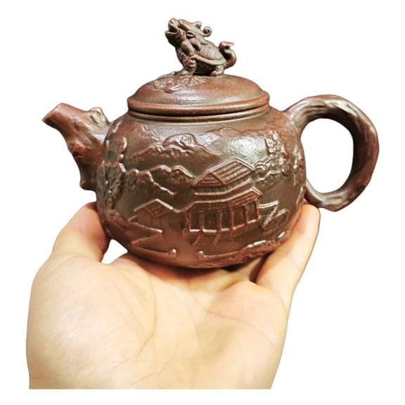 Chinese Purple Clay Teapot Decorative Fashion Carved Dragon Embossed Relief Turtle Landscape Pagoda Pictorial Spherical Round