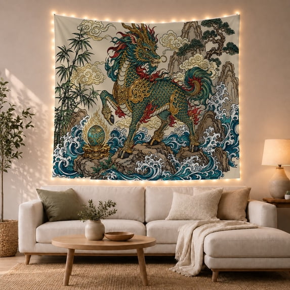 Chinese Qilin on Rocky Waves with Golden Egg, Mystical Illustration for Fantasy Lovers, Asian Mythology Wall Art, Birthday Gift Tapestry Wall Hanging for Living Room and Meditation Room