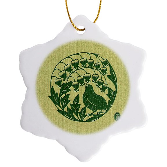 3drose, Chinese Quail with Flowers in Circular Motif, 3 inch Snowflake Porcelain Ornament