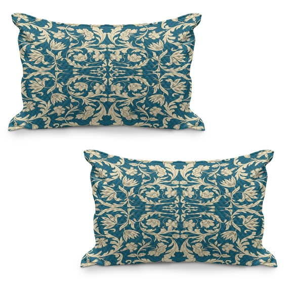 Chinese Quilted Pillowcover Set of 2, Far Eastern Scroll Pattern with Floral Curls Oriental Flourish, Standard Queen Size Pillow Cover for Bedroom, 36" x 20", Petrol Blue and Cream, by Ambesonne
