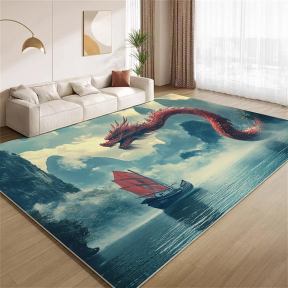 Chinese Red Dragon Area Rugs, Vintage Landscape Pattern Carpet, Washable Non Slip Low Pile Soft Rug for Living Room Bedroom Office Decor Mat 2ftx3ft