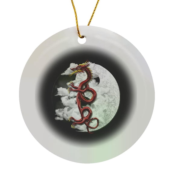 3drose, Chinese Red Dragon Flying in Front of Clouds and Yin Yang Symbol., Circle Porcelain Ornament