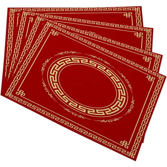 Chinese Red Frame Cloth Placemats Linen Dinner Mats Gold Circle Architecture Ornament Wipeable Set of 4 Placemats Table Pads Indoor Table Protectors Non Slip,12 * 18 Inch